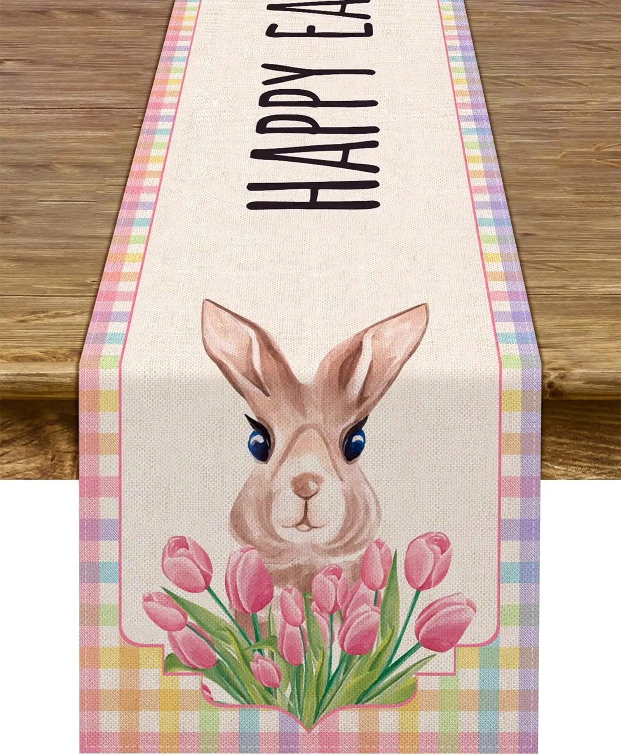 

Happy Easter Rabbit Linen Table Runner Spring Buffalo Plaid Bunny Flower Theme Easter Decor Kitchen Dining Room Home Party Decor