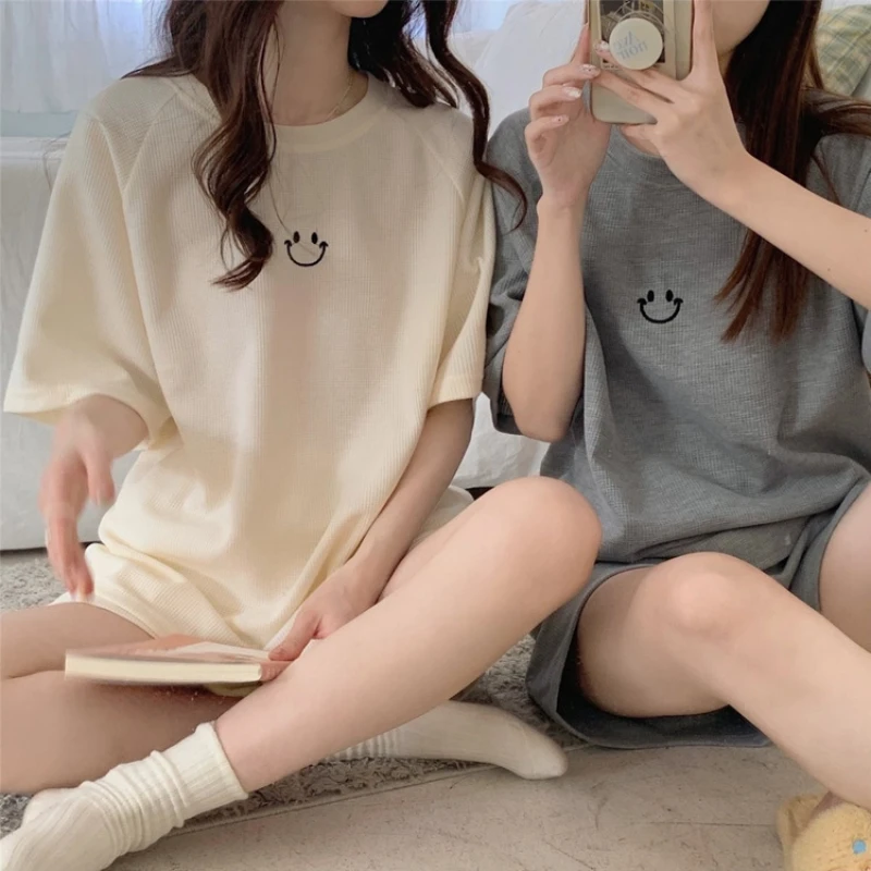 Korean Style Women's Pyjama 2pcs Set Waffle Checked Short Sleeve Casual Home Clothes Suitable Summer Pajamas Fall Set Breathable