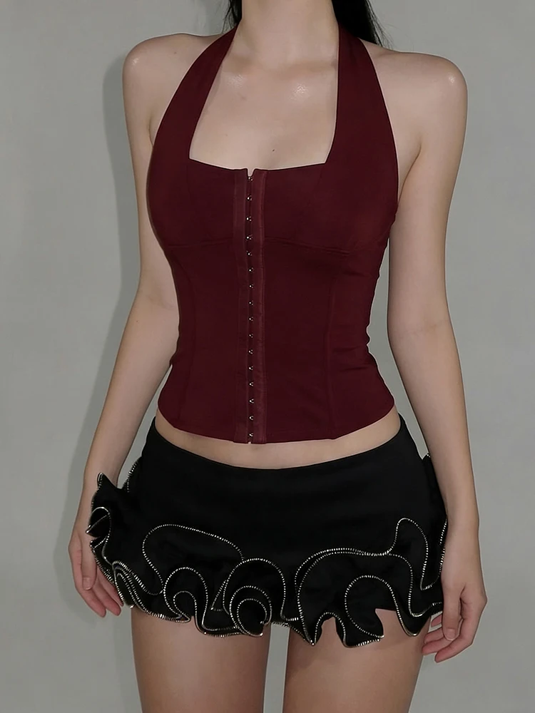 Nibber 2026 Summer New Trend Halter Square Collar Vests Women Single-Breasted Hidden Buttons Backless Skinny Sexy Hottie Tops