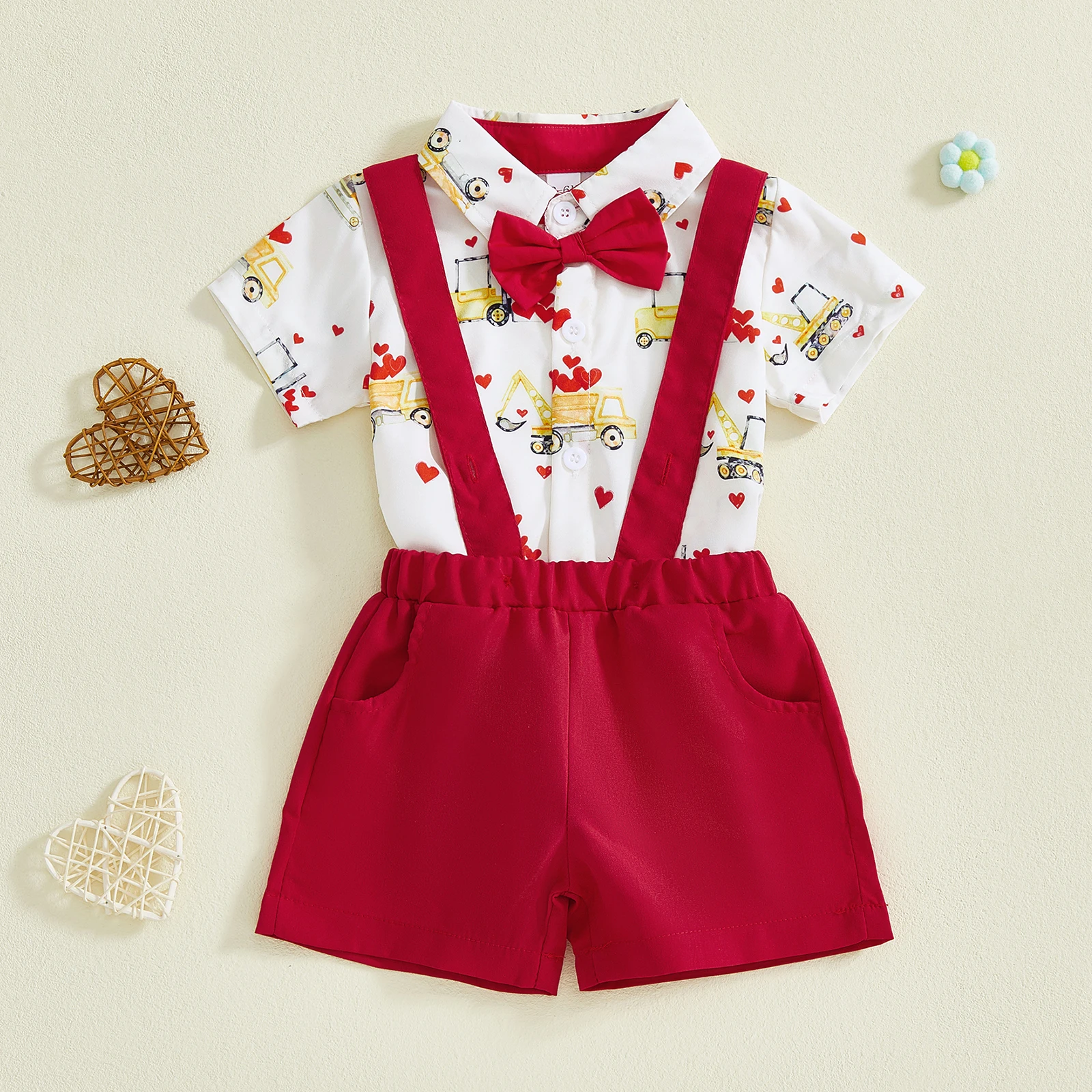 طقم شورت رسمي لطيف للأطفال الأولاد رومبير مطبوع عليه حفارة مع شورت عام صلب ملابس للأولاد في عيد الحب #3