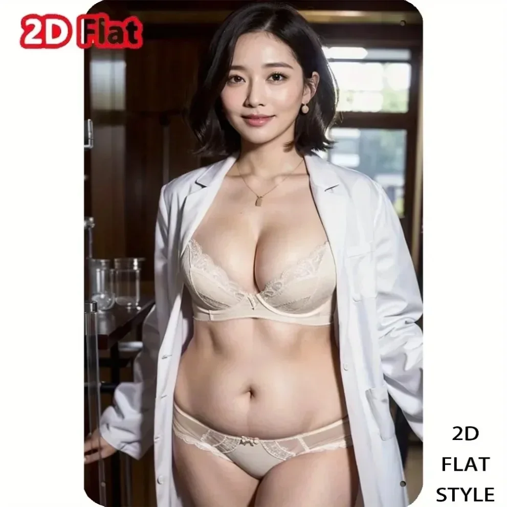 （2D Tin painting）Retro Iron Metal Wall Art - Customizable White Coat Woman 2D Flat Sign (8in*12in) for Room Office Commercial