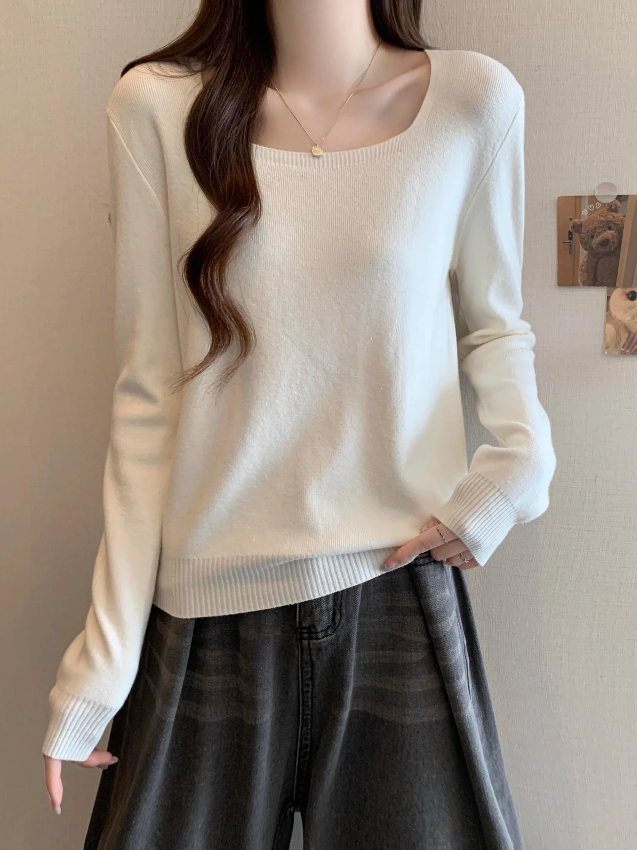 

Women's Long Sleeve Knitted Sweater Loose Fit Square Collar Base Shirt Autumn Winter New Style plus Size Inner Wear Top