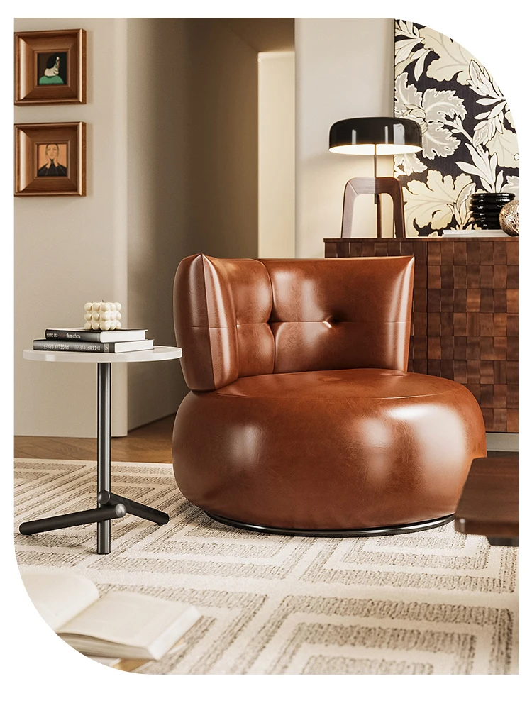 كرسي أريكة فردي من الجلد الشمعي الزيتي لغرفة المعيشة وشرفة للقراءة وأريكة صغيرة دوارة #4
