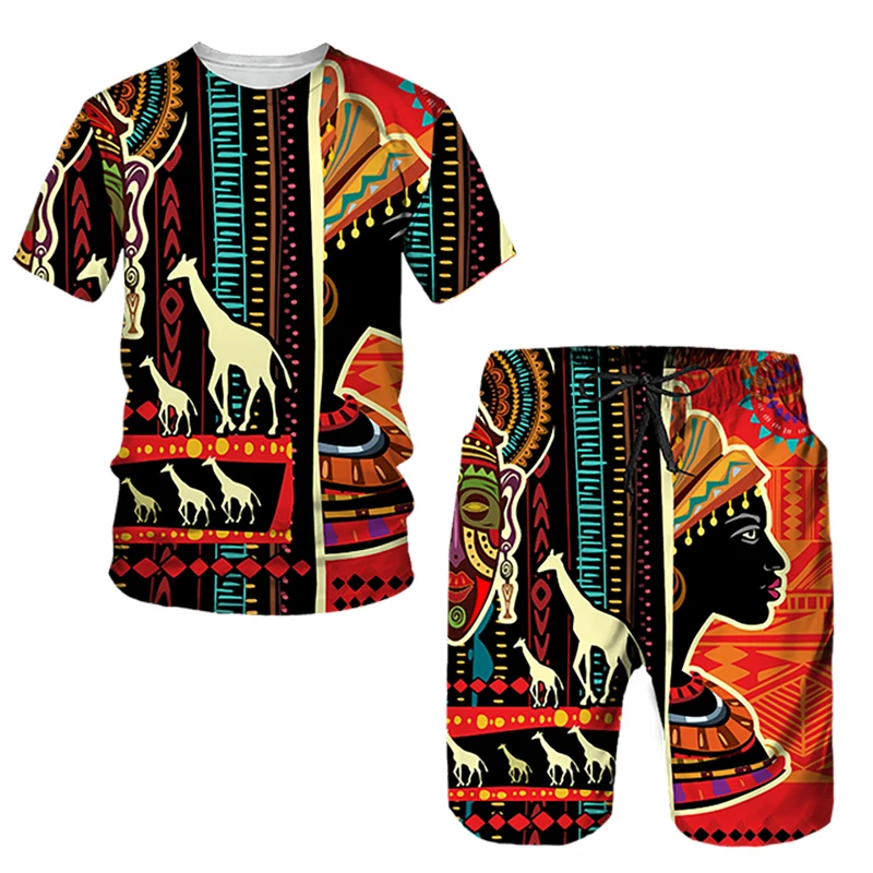 African Ethnic Style Men\'s T-shirt Sets 3D Print Tracksuit T Shirts Shorts 2 Pieces Streetwear Male Oversized Suits Sportswear