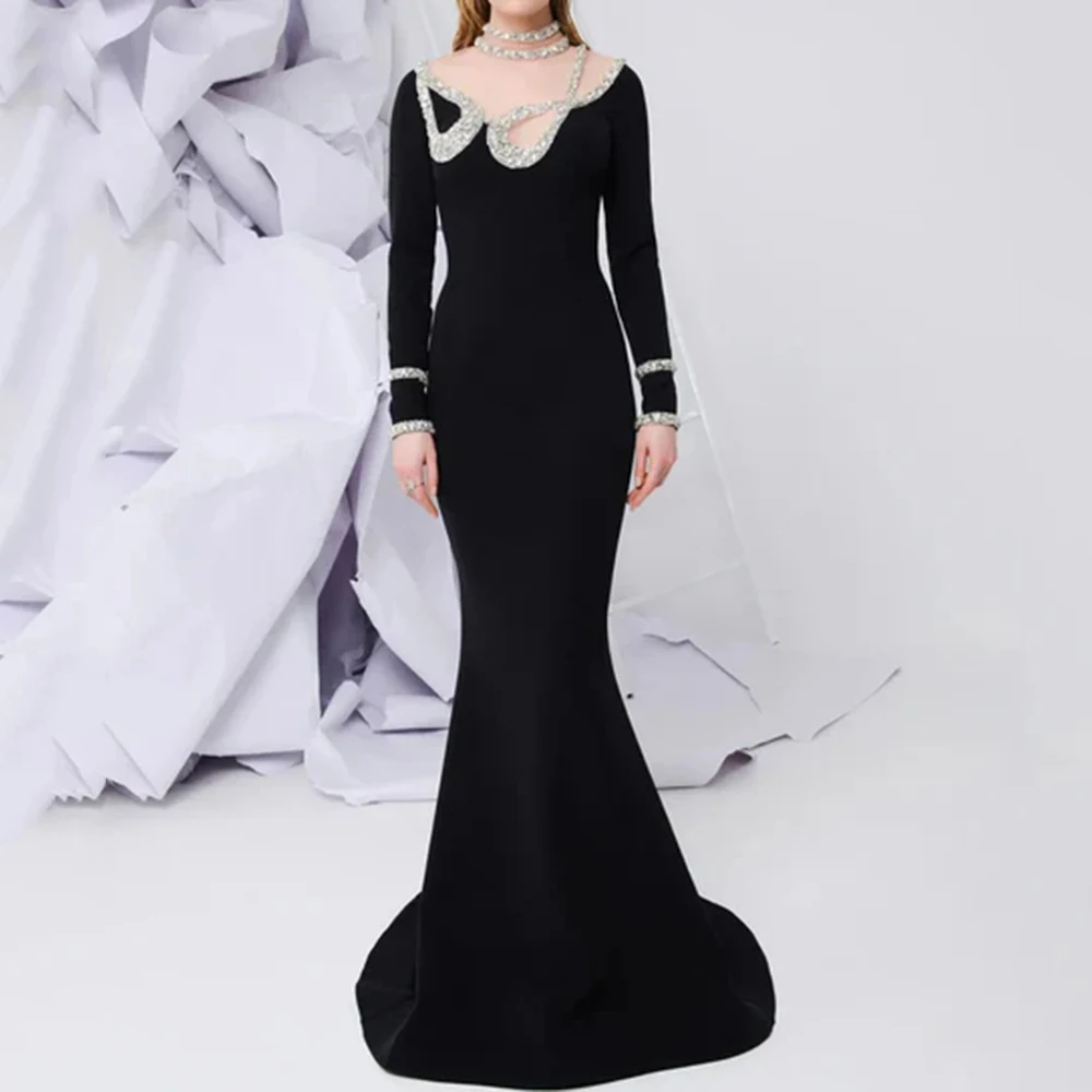

Customized Mermaid Evening Dresses Floor-length High-neck Full Sleeve Prom Gown Fashion Crystal Simple Draped Party Dresses