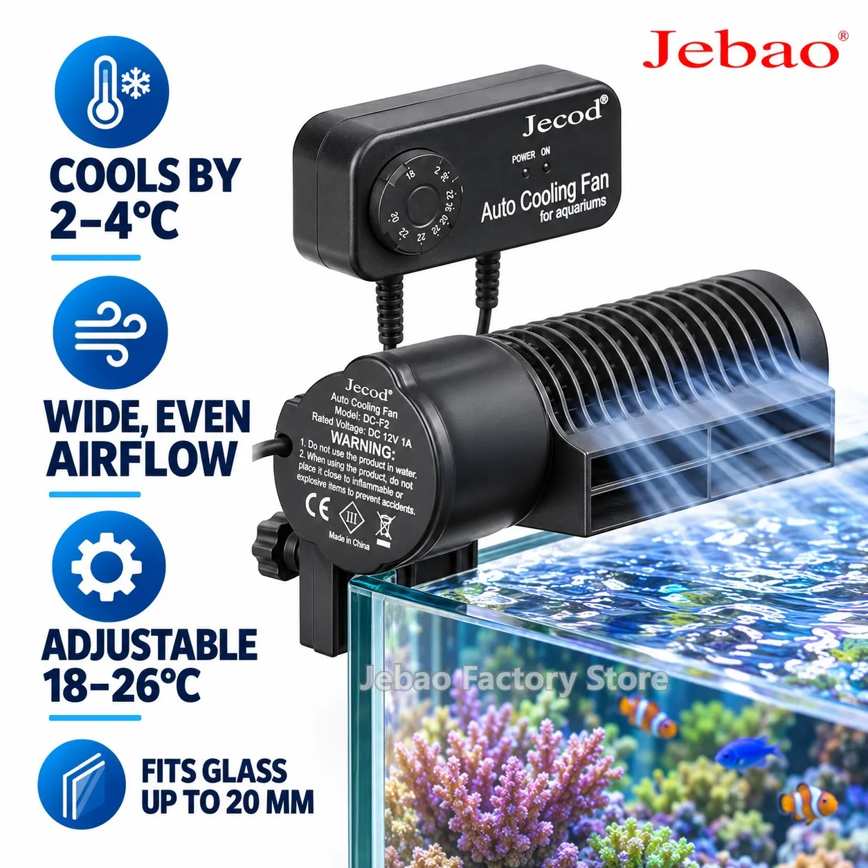 Jebao ACF Series Aquarium Cooling Fan Silent Three-Stage Switch Automatic Thermostate Control Marine Aquarium Cooler