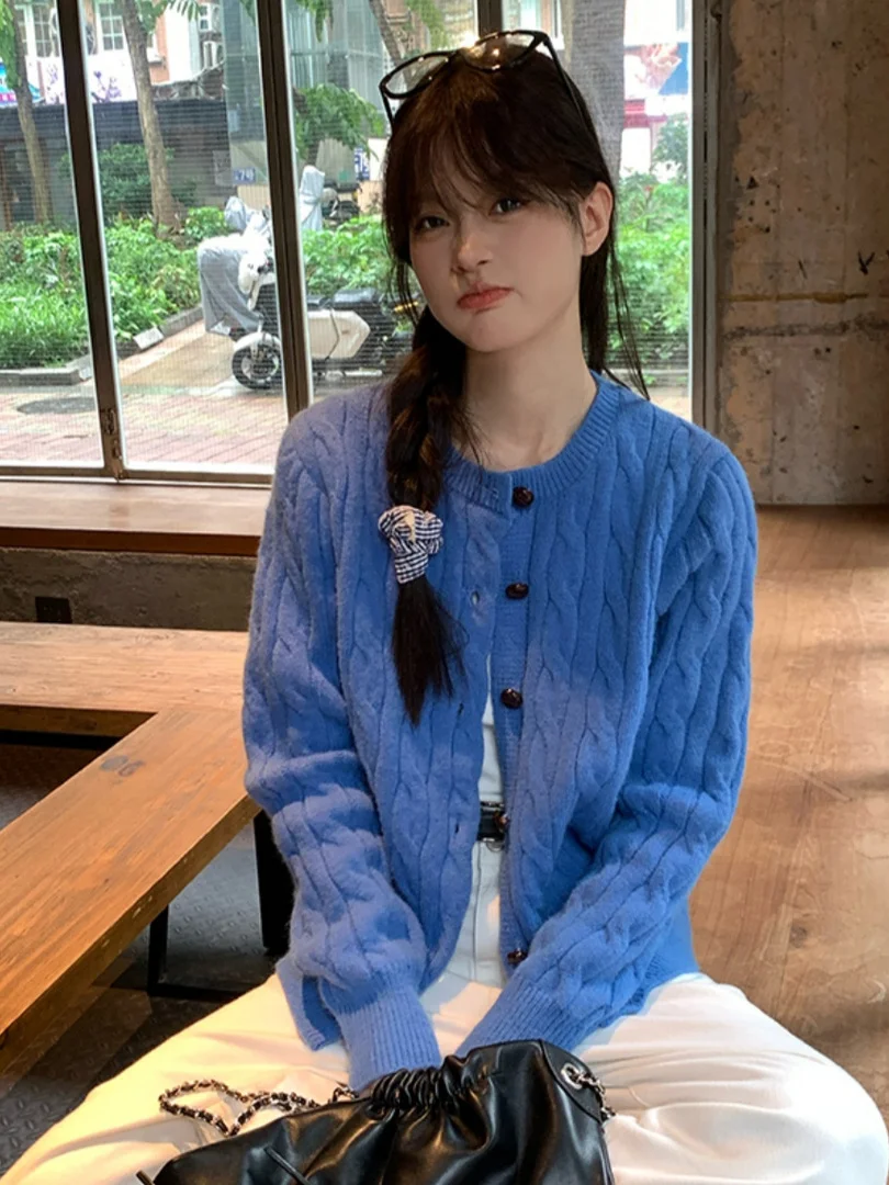 

Ele синий витой вязаный открытый кардиган, женский свободный длинный топ све, корейский свитер Sle Lazy, осеннее новое поступление