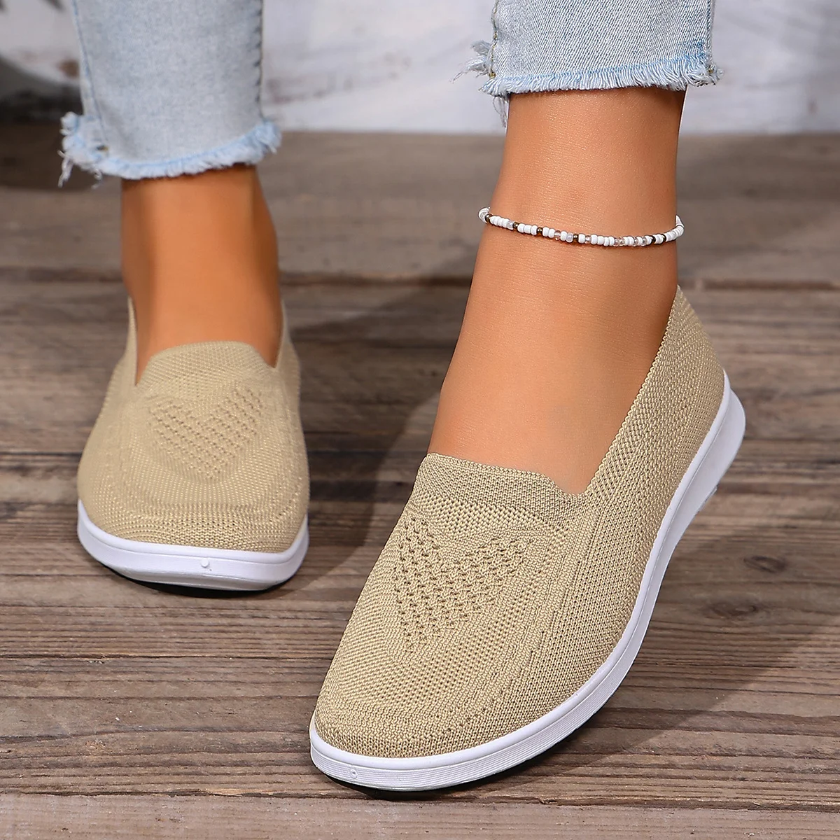 Leichte Damen-Strick-Flachschuhe, Slip-On-Sneaker, atmungsaktive Low-Top-Turnschuhe, Wanderschuhe mit hohler, weicher Sohle – Detail 8