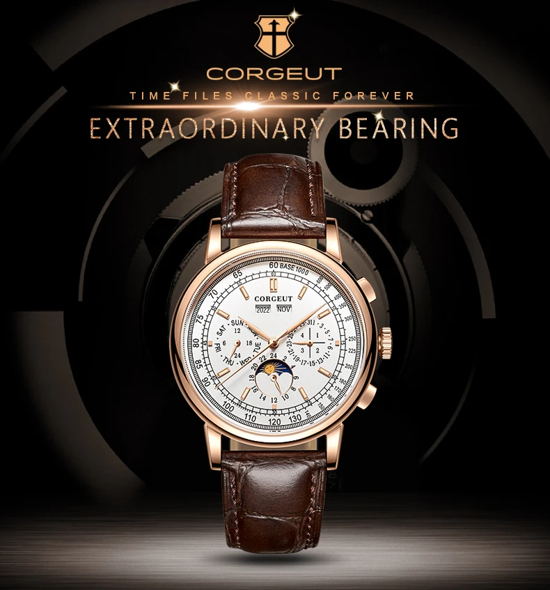 CORGEUT Luxus-Herrenuhr 41mm Automatische Mechanische Uhr mit Lederarmband Saphirglas Anzeige von Jahr, Datum & Woche – Detail 5