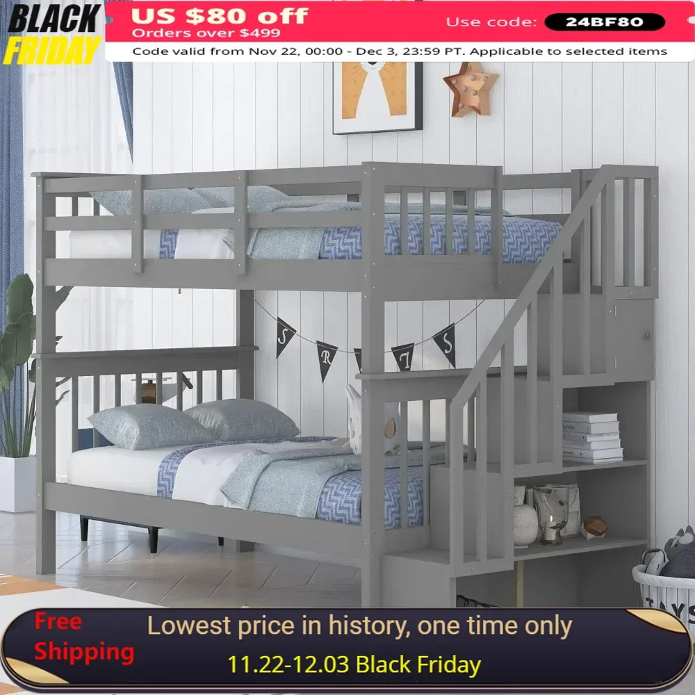 Bunk Beds Twin Over Twin with Stairs, with Storage and Guard Rail,for Kids, Bedroom, Dorm, Teens, Adults,Wood Bunk Bed Frame