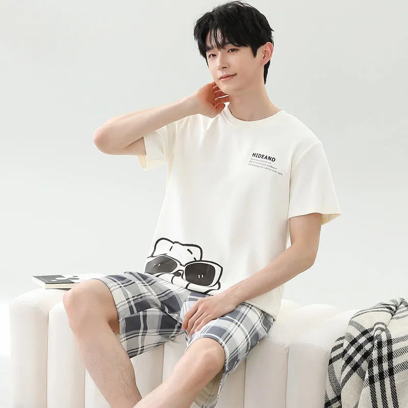 New Arrival Summer Men Pajamas Cotton Loose Fit Cartoon Pattern Short Sleeve Pullover Shorts Soft Sleepwear pyjama homme Male