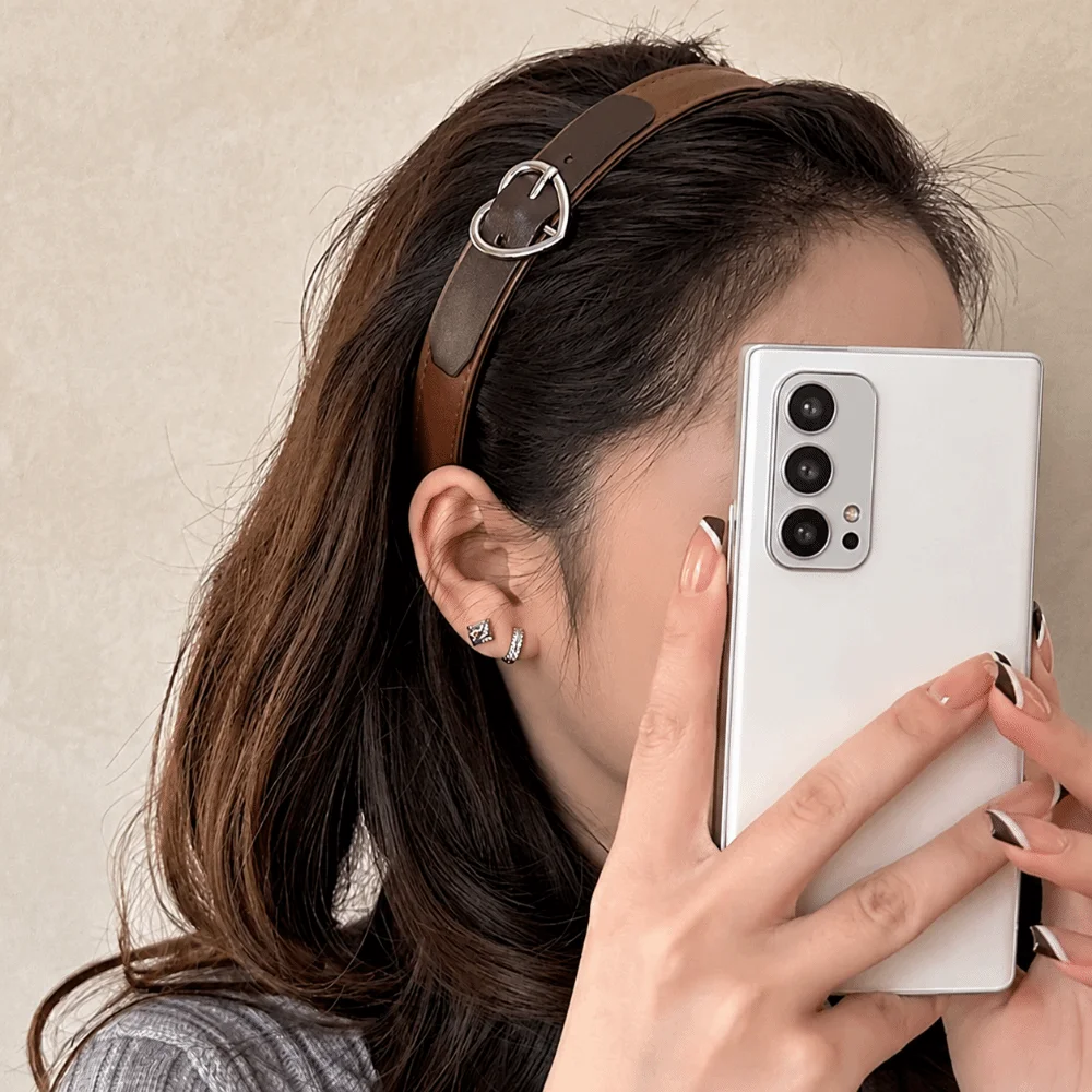 Fashion Leather Headband Coffee Brown Heart-Shaped Buckle Hairband Hair Accessories Wide Brim Hair Hoop