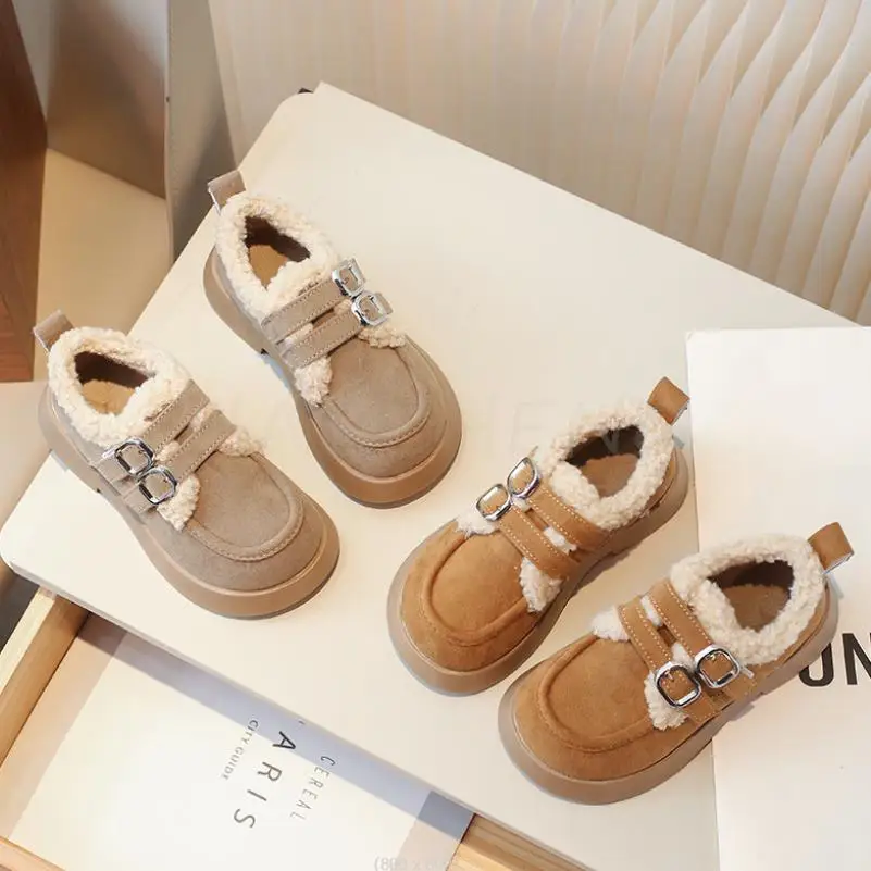 Winter Korean Style Boys Girls Flats Shoes Soft Fluffy Children Cotton Shoes Fashion Kids Princess Causal Plush Shoes 26-36 Size