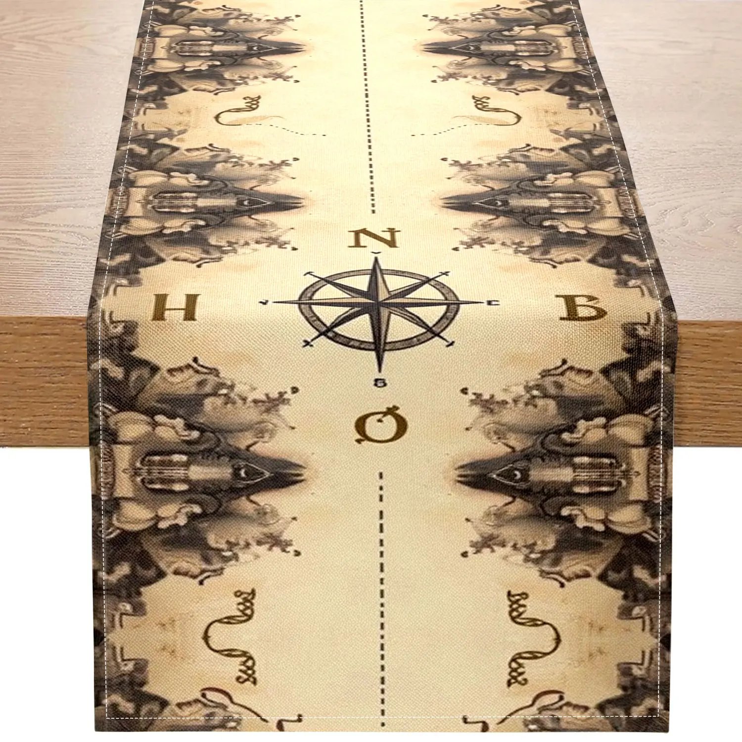 

Цельная винтажная дорожка для стола с морской тематикой, украшенная компасом, винтажными узорами и буквами, подходит для украшения в винтажном стиле и пространствами с морскими тематиками.