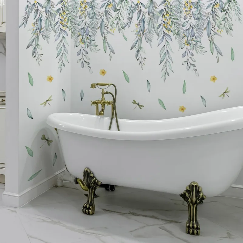 New Green Leaf Flower Vine Bathtub Sticker Living Room Bathroom Bathroom Decorative Sticker Self-adhesive Wall Sticker