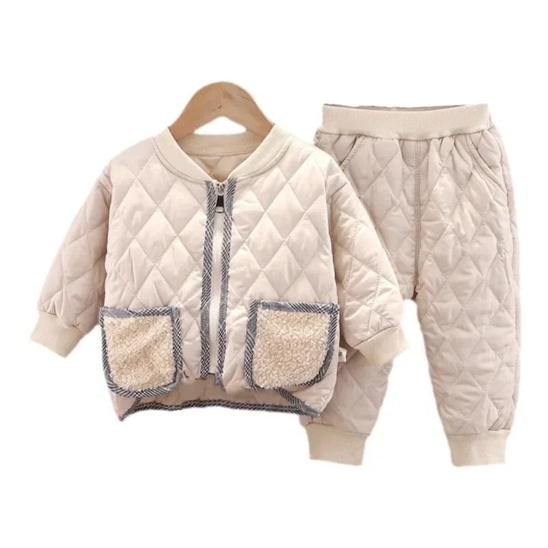 Ropa de invierno para niños y niñas, chaqueta gruesa de algodón, pantalones, 2 unids/set, chándales informales para bebés