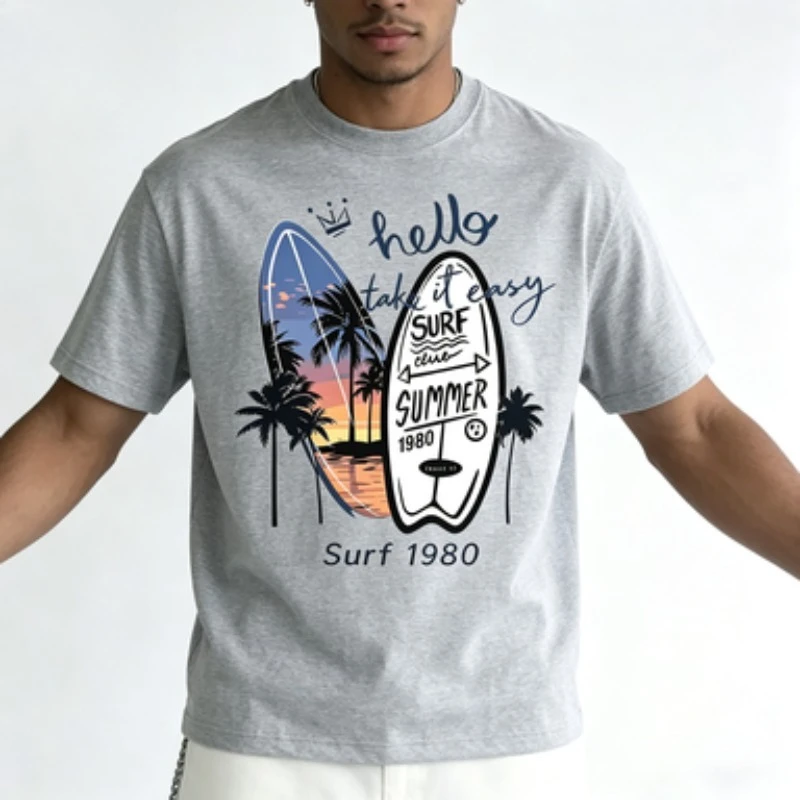 T‑Shirt Hello Take It Easy Surf Summer 1980 Vintage Surfboard Palm Tree Graphic Print Crew Neck Tee Trendy Holiday Present Gift