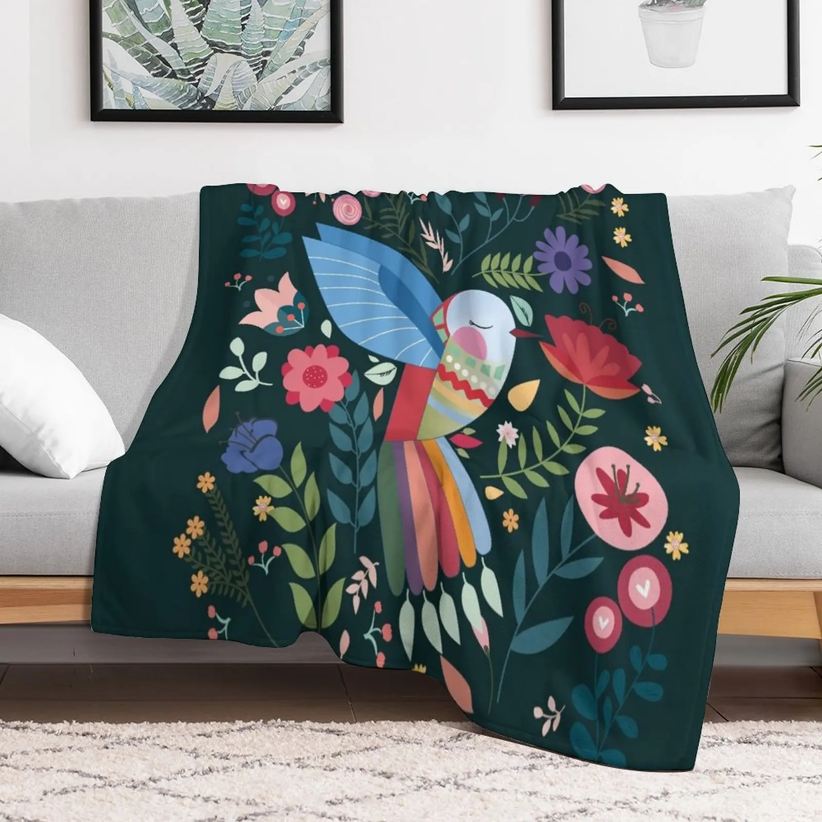 Folk Art Inspired Hummingbird With A Flurry Of Flowers Throw Blanket Bed Fashionable Soft Plush Plaid Nap Blankets