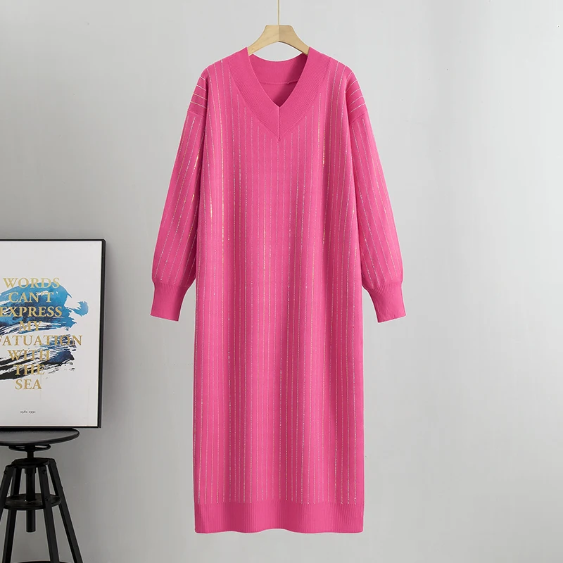 spring Long Sleeve Party Midi Dress for Women Knitted V Neck Elegant Knitted Sweater Dresses Ladies Slim Waist  Knitted Dress