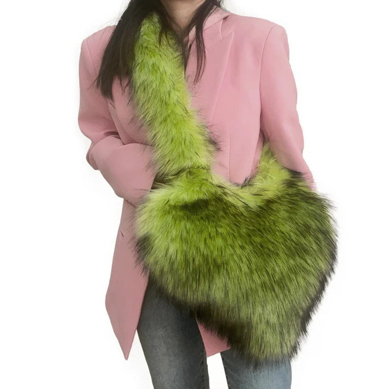 Faux Natural Fur-Ever Mongolian Furry Fur Heart Shape Oversized Tote Bags For Women Handbags With Long Shoulder Fur Straps