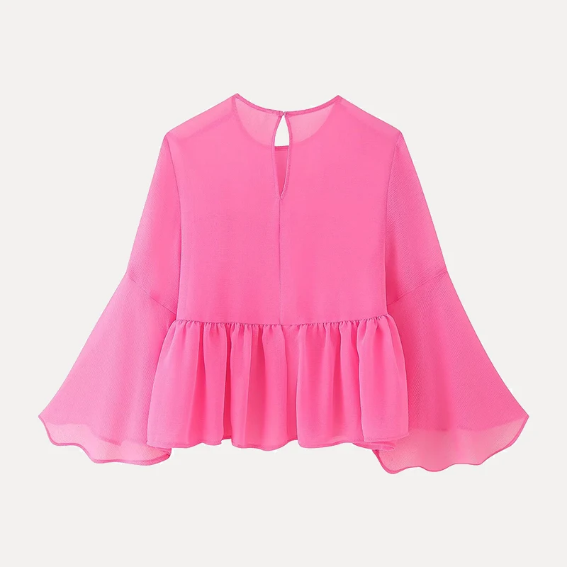 Lente 2025 Dames Faion irt rond Ne Gelaagde Decoratie Ba Split Sweet Sle Pure Kleur Polyestervezel 00%