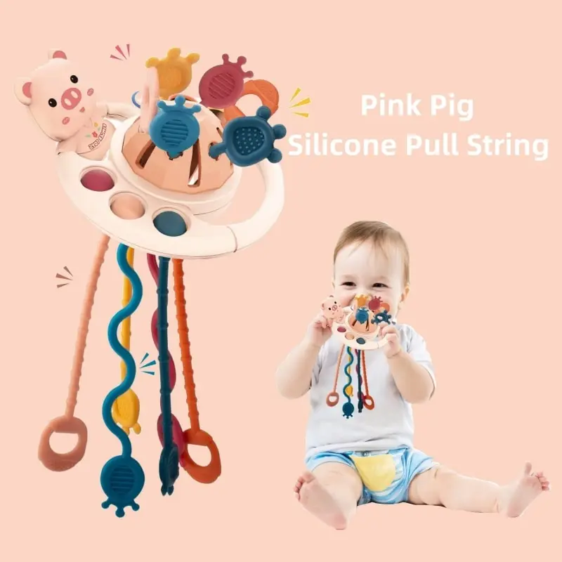 5 IN 1 Pink Pig Silicone Pull String Baby Develop Teething Montessori Sensory Educational Toy Travel Toys For Stroller