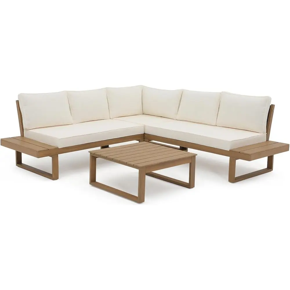 

Acacia Wood 4-Piece Patio L-Shape Sofa Set with Coffee Table and Cream Cushions for Outdoor Garden