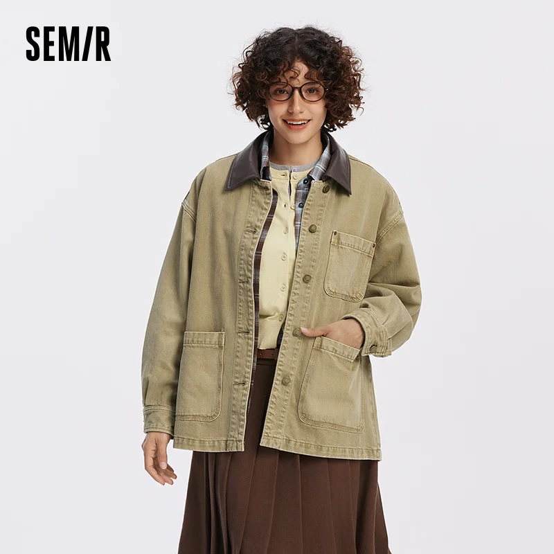 Semir Women Jacket Denim Mid Length Loose Dropped Shoulder Lapel Retro Street Style Autumn Outerwear Daily Wear 2026
