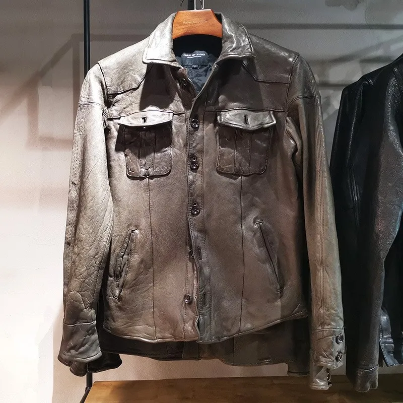 Pleated leather shirt for men fashionable heavy-washed fully vegetable-tanned collar