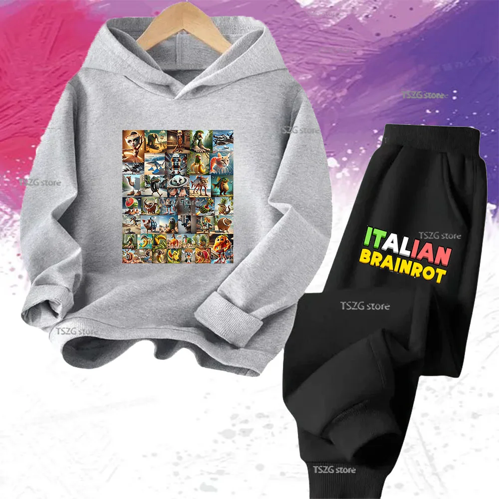 الأطفال الإيطالية Brainrot الحيوان متعة طباعة الاطفال هوديي السراويل دعوى 2 قطعة مجموعة البلوز الخريف موضة بنين بنات مقنعين Pullove