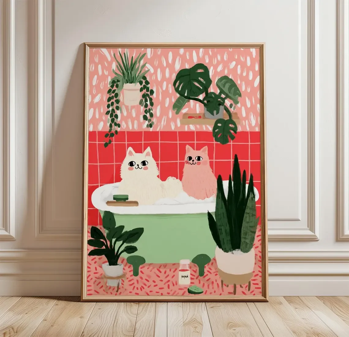 Niedliche Katzen Badezimmer Wandkunst Poster Verspielte Badezimmer-Illustration Rosa Grüne Katzen-Dekoration, Verspielte Illustration