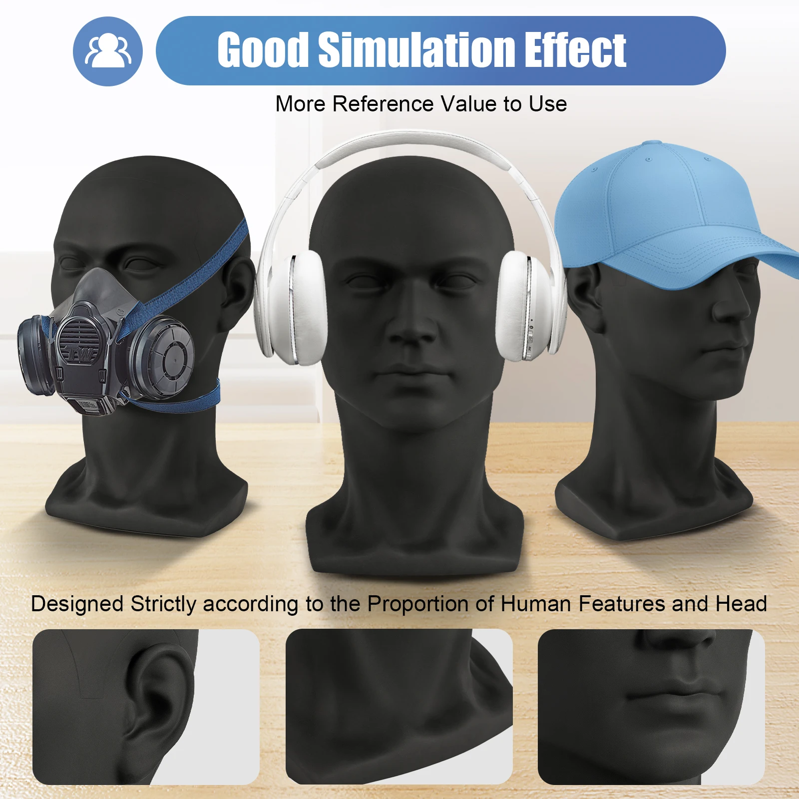 50 Cm Male Model Head PVC Wig Head Decorative Head Mannequin Head Hats Glasses Mannequin Head for Headphones Hats Matt Black