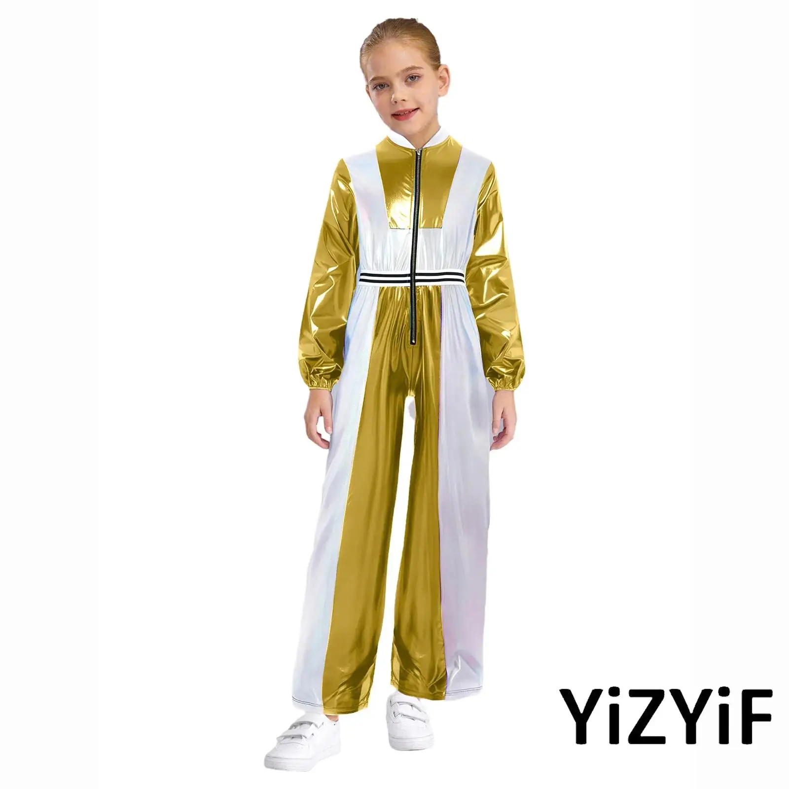

Kids Girls Metallic 70s Disco Jumpsuit Color Block Patchwork Zipper Bodysuit Rompers Jazz Dance Hip-Hop Street Dance Costume