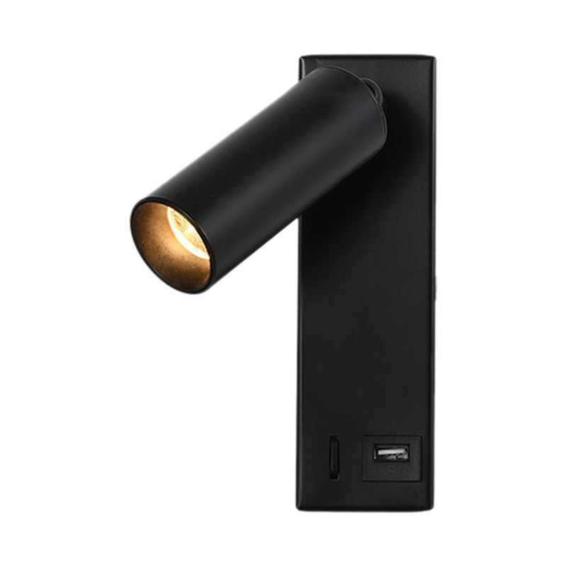 3W LED Wall Lamp Embedded and Rotatable Reading Light USB Focus Light for Bedroom Bedside Study 3000K Black-A10G