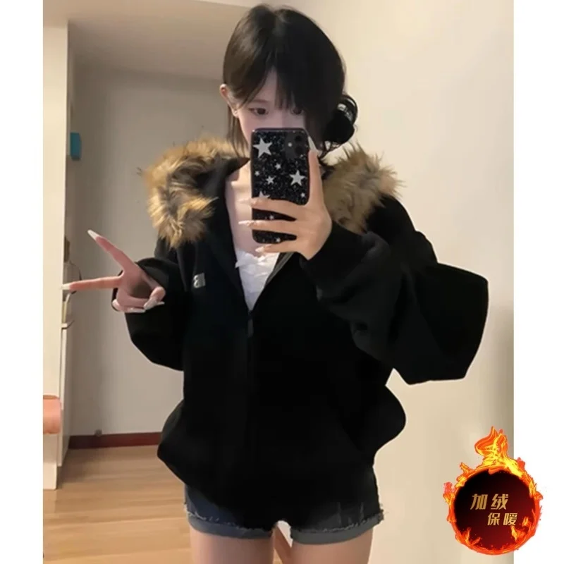 Faux Fur Spliced Streetwear Hooded Coat Black Zipper Korean Plush Hoodie Long Sleeve Harajuku Jacket Oversized Women\'s Outerwear