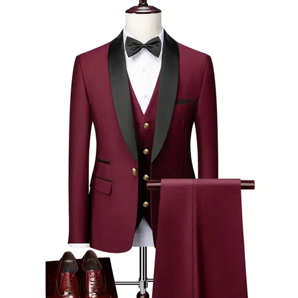 Men Business Casual Wedding Party Three Pieces Jacket Trousers Waistcoat Set Male Blazer Coat Pants Vest Fashion Slim Fit Suits