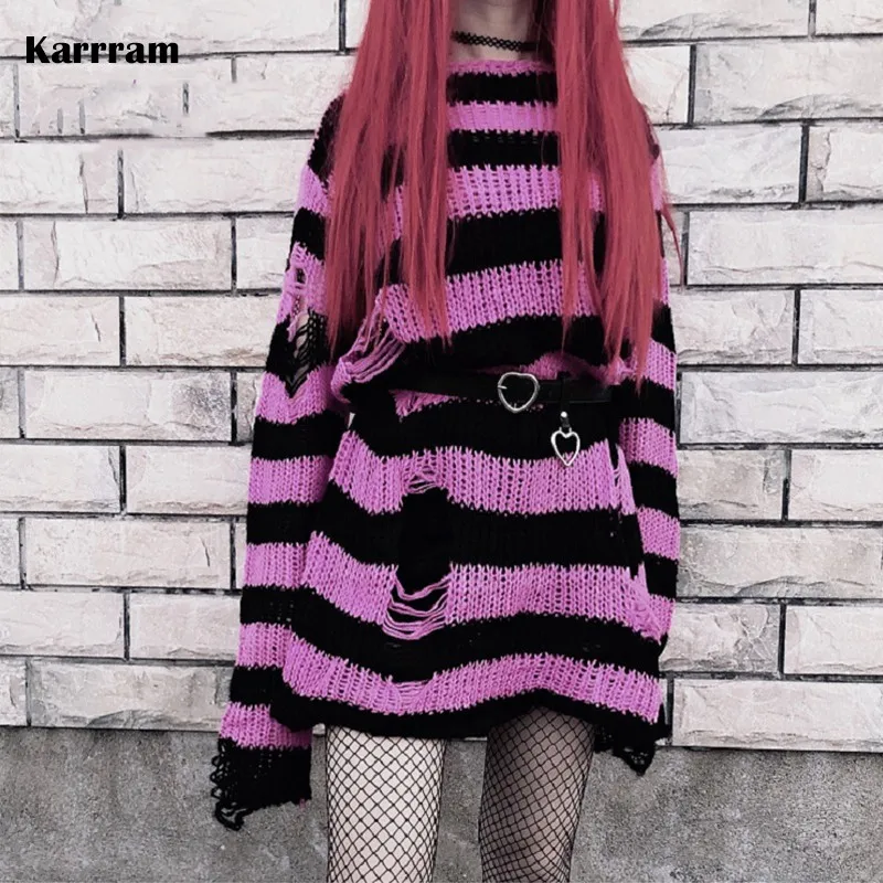 Gothic Grunge Striped Knitted Sweater Women Long Pullovers Loose Thin Punk Sweaters Jumpers Mujer Jersey Chic Streetwear