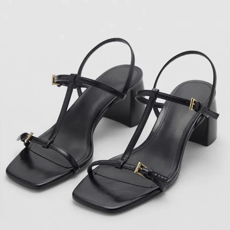 

Fashion Chunky Heels Designer Shoes Women Square Toe Ankle Strap High Heels Women Concise Narrow Band Women Heeled Sandals