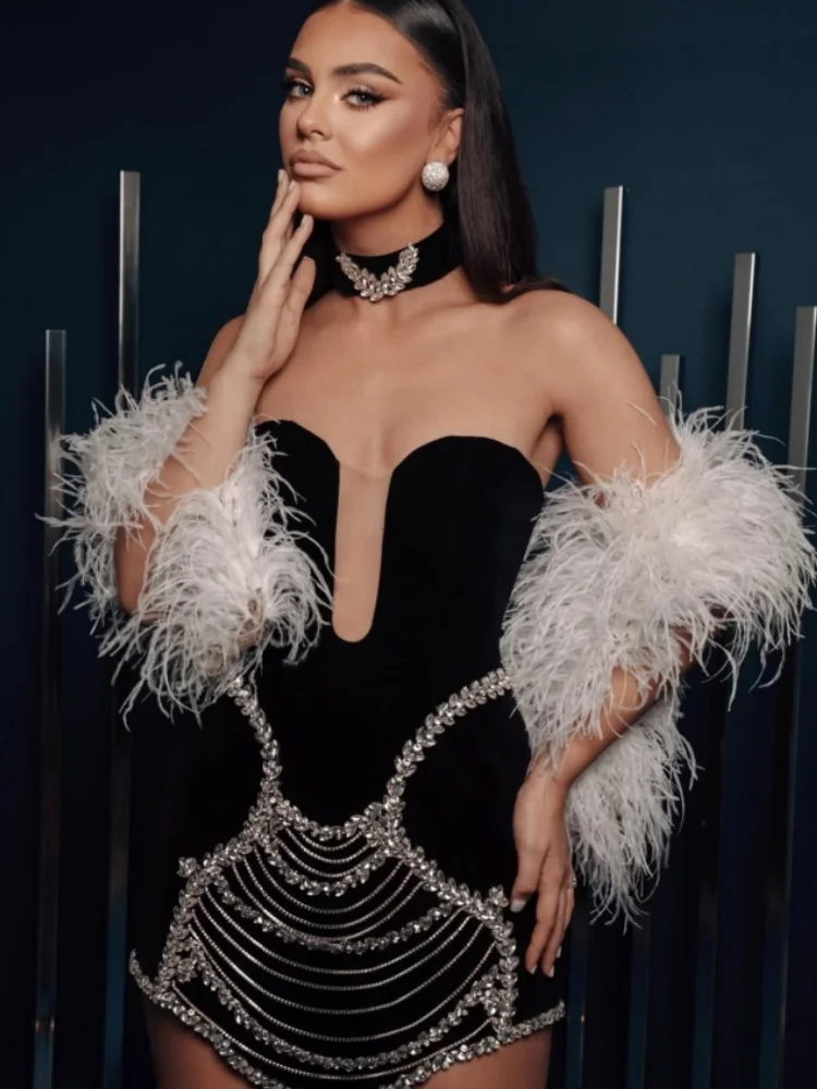 Women Summer Celebrity Sexy Strapless Beading Black Mini Bodycon Bandage Dress 2025 Elegant Evening Club Party Dress