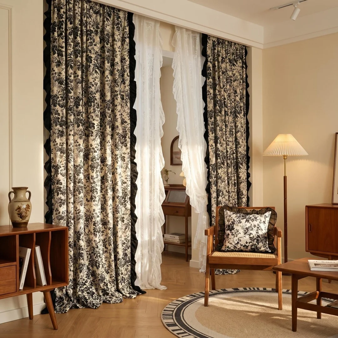 French retro shading curtains Living room bedroom bay window balcony black floral lace curtain+white jacquard gauze curtain