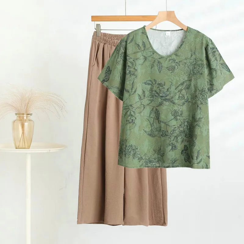 Casual Printed Middle Aged Mother Two Piece Set Short Sleeve Summer Sleepwear Pajamas Women Outside Wear Pijama Home Clothes