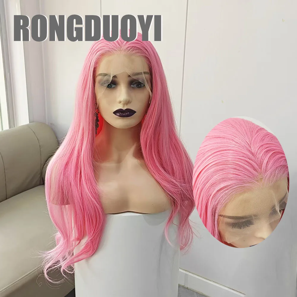 RONGDUOYI Pink Natural Wave Synthetic Wig Free Part 13×4 Deep Lace Heat Fiber Lace Front Wigs Women Makeup Cosplay Use Pink Hair