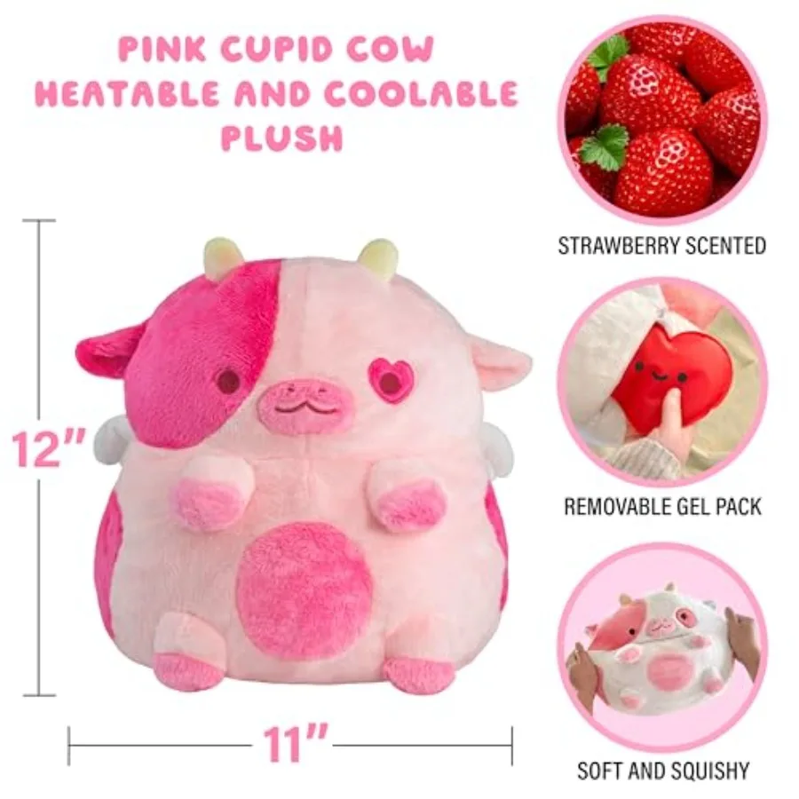 Cupid Cow Heatable Plush for Period Cramp Relief and Emotional Support, Microwavable Soft Toy Plushies, Coolable Stuffed Animal