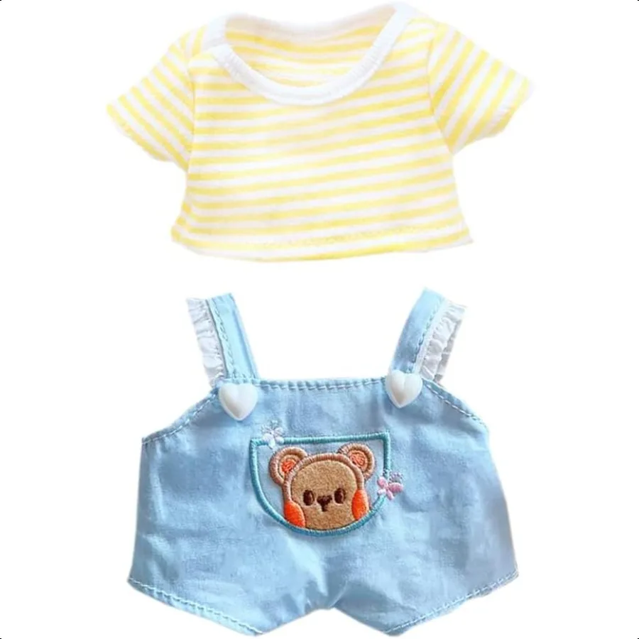 niannyyhouse 20cm Plushie Doll Clothes Bear Overalls Striped TShirt Kpop Doll Clothing Yellow