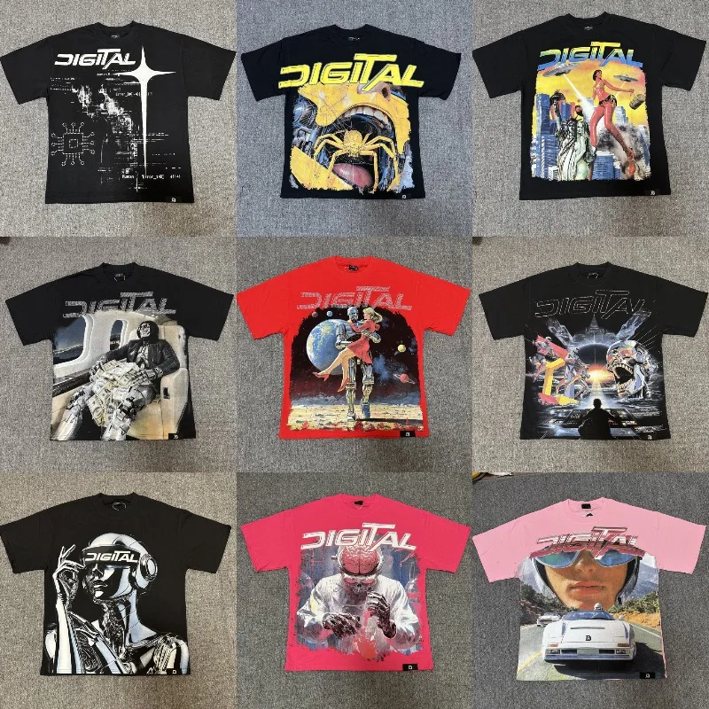 New American Retro Street Hip-hop Fashion Short Sleeved Digital Top Y2K Casual High-quality Cotton DIGITAL T-shirts