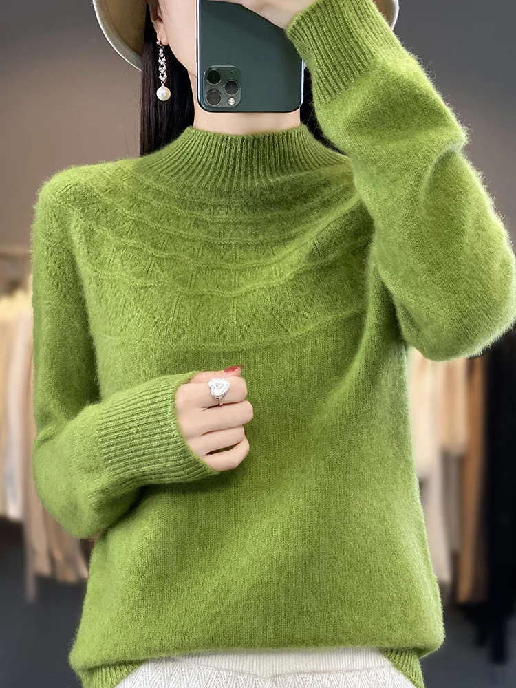 Cashmere sweater women's half turtleneck slim sweater seamless wool knitted bottoming shirt hollow loose top