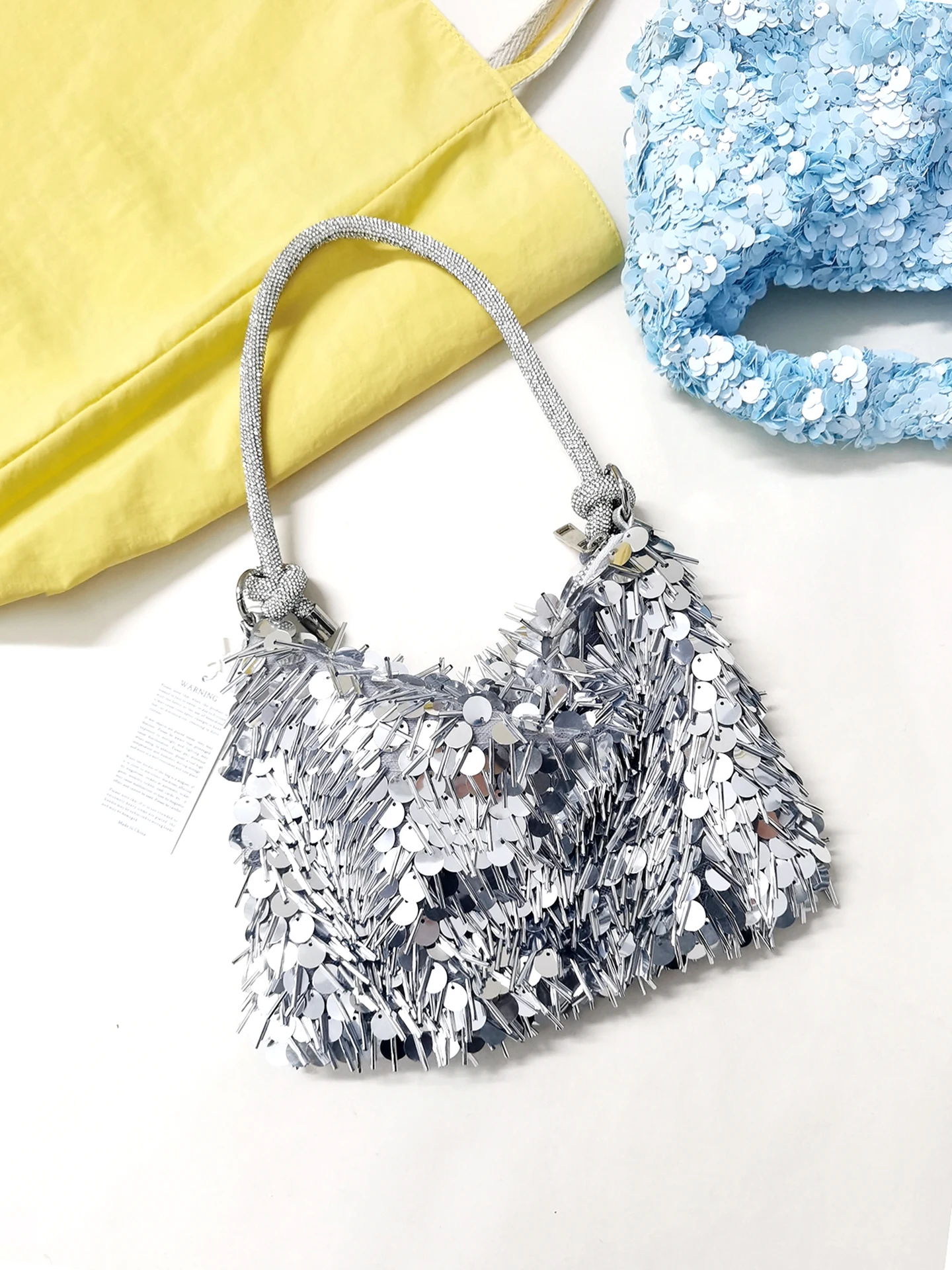 shiny-tassel-silver-handbag-lightweight-spring-summer-women's-bag-for-skirts-zipper-closure-soft-square-bag-non-washable