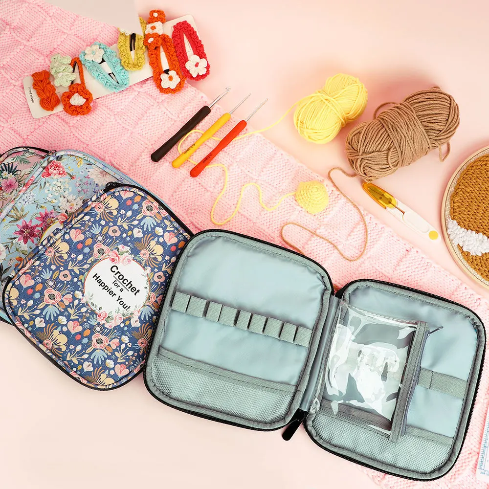 Waterproof Knitting Tool Accessory Storage Bag for Crochet Knitting DIY Storage with Floral Print Multiple Compartments Zipper
