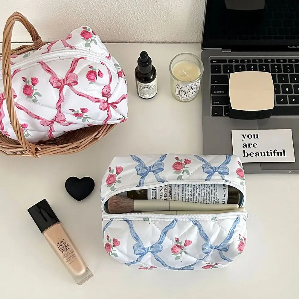 Fashion Bowknot Cosmetic Bag Multi-function Large Capacity Washing Bag Floral Mini Organizer Clutch Bag