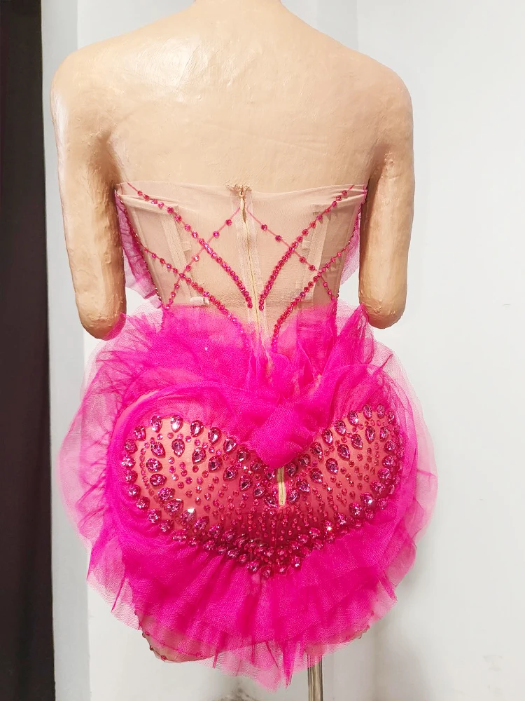 Rosered Heart Tulle Ruffle Rhinestone Mini Dress Strapless Sheer Mesh Bodycon Singer Stage Performance Outfit Team Dance Costume